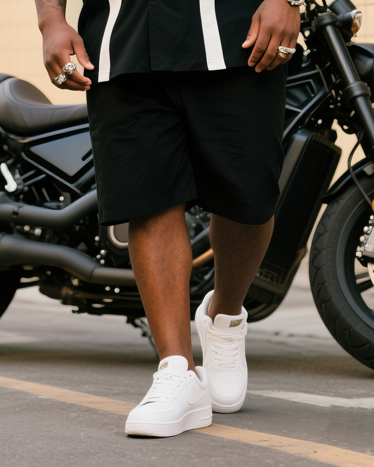 Big & Tall Black White Streetwear T-Shirt Shorts Set for big men view 3