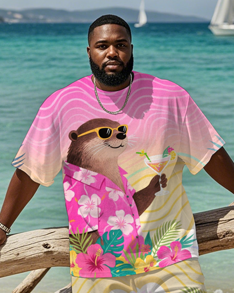 Big & Tall Pink Hawaiian Graphic T-Shirt Shorts Set for big men view 2