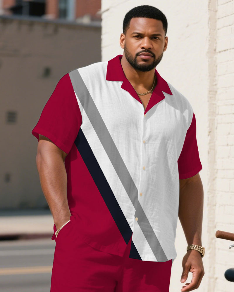 Big & Tall White Red Colorblock T-Shirt Shorts Set for big men view 2
