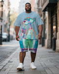 Big & Tall Blue Graphic Graffiti T-Shirt Shorts Set for big men view 1