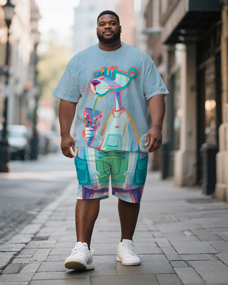 Big & Tall Blue Graphic Graffiti T-Shirt Shorts Set for big men view 1