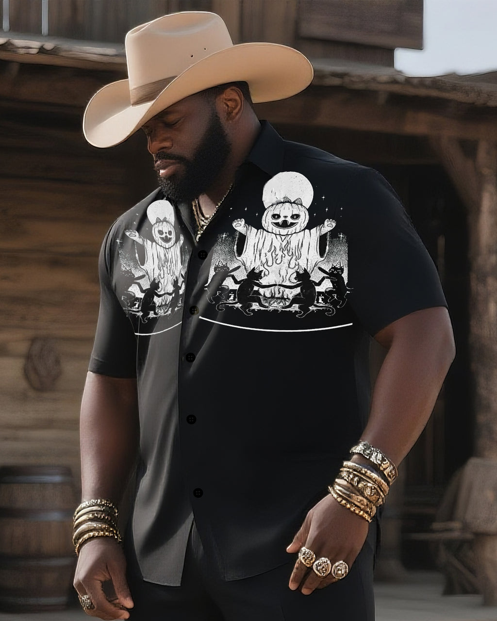 Big & Tall Black Western Graphic T-Shirt Pants Set for big men view 3
