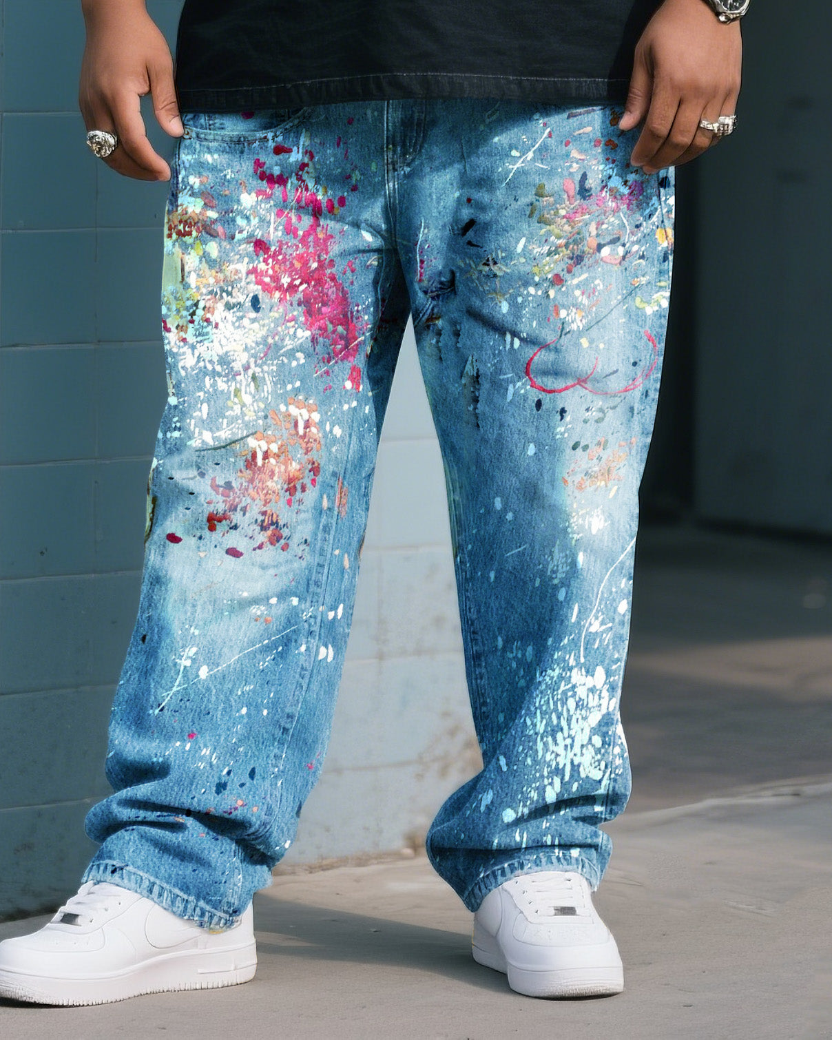 Big & Tall Denim Graphic Splash Ink T-Shirt Pants Set for big men view 3