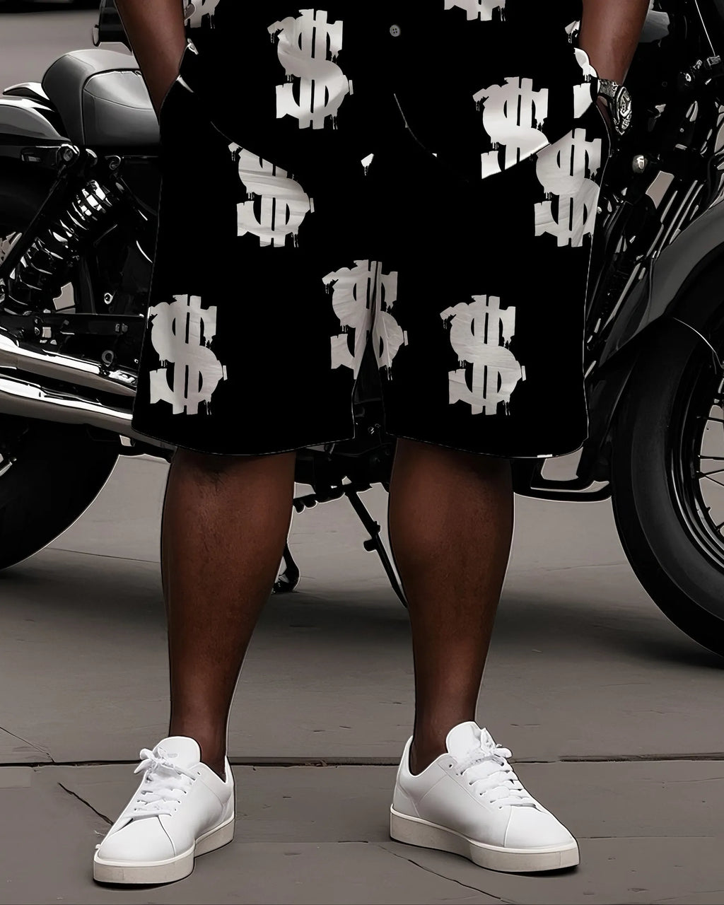Big & Tall Black White Graphic T-Shirt Shorts Set for big men view 3