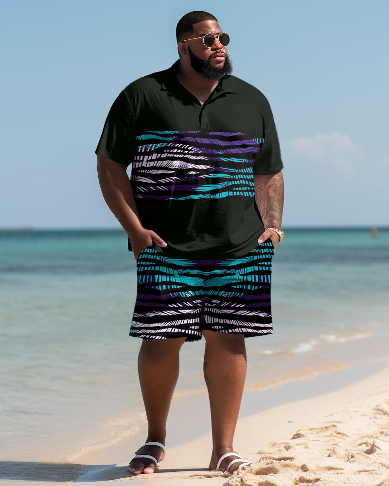 Big & Tall Hawaiian Striped Polo Shorts Set for big men view 1