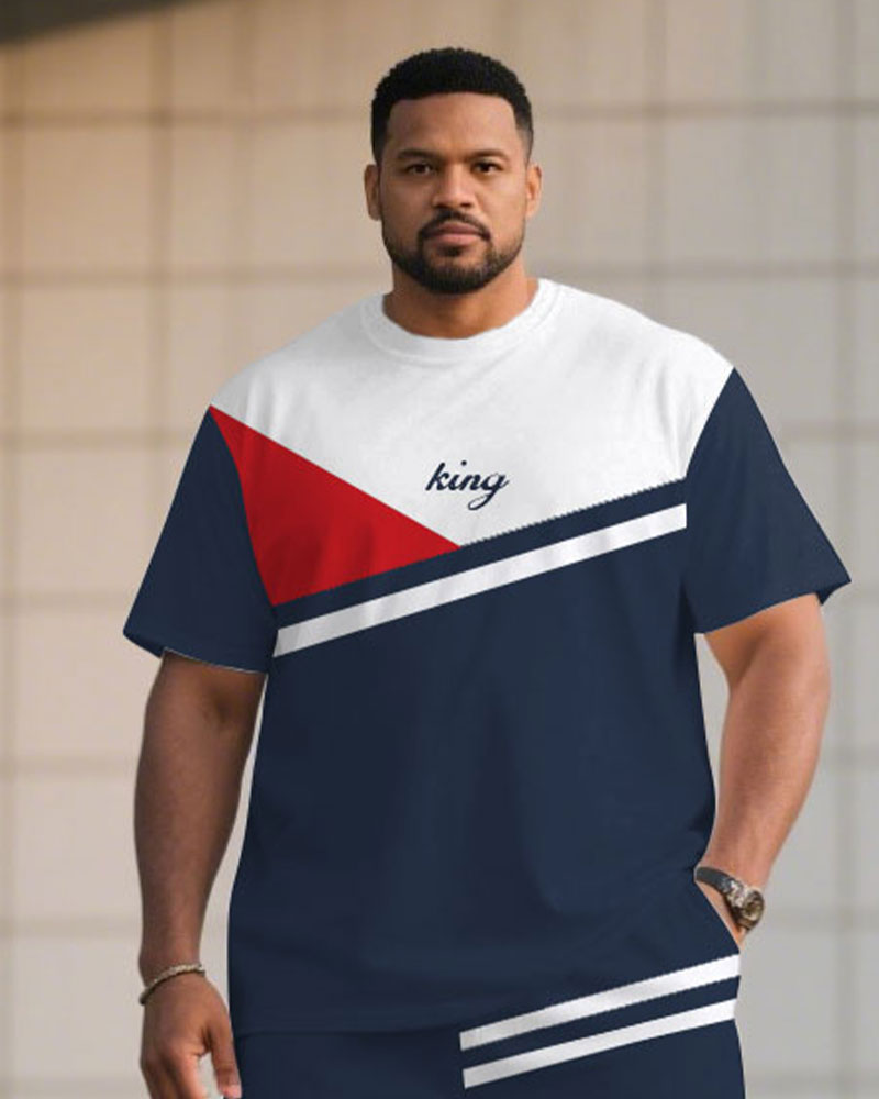 Big & Tall White Blue Colorblock T-Shirt Shorts Set for big men view 2