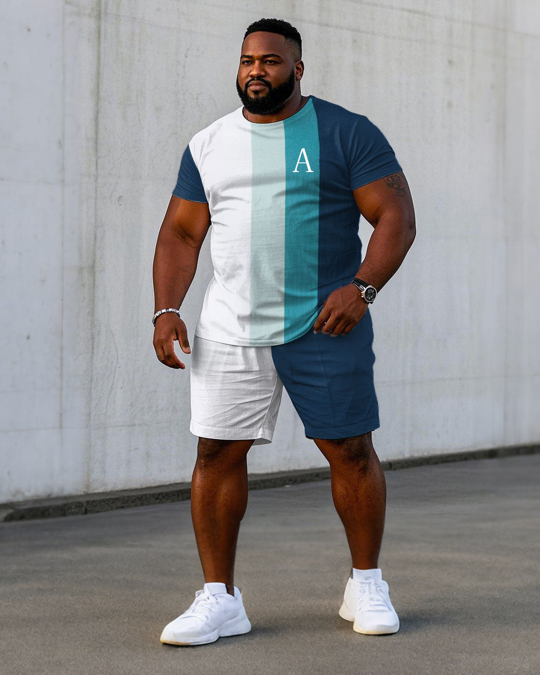 Big & Tall Blue Colorblock T-Shirt Shorts Set for big men view 1
