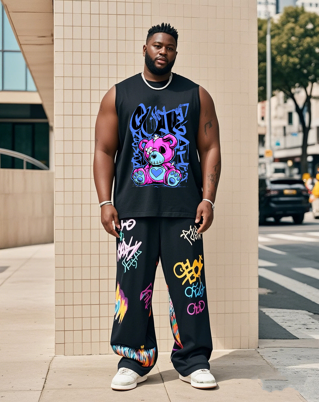 Big & Tall Graffiti Streetwear Vest Pants Set for big men view 1