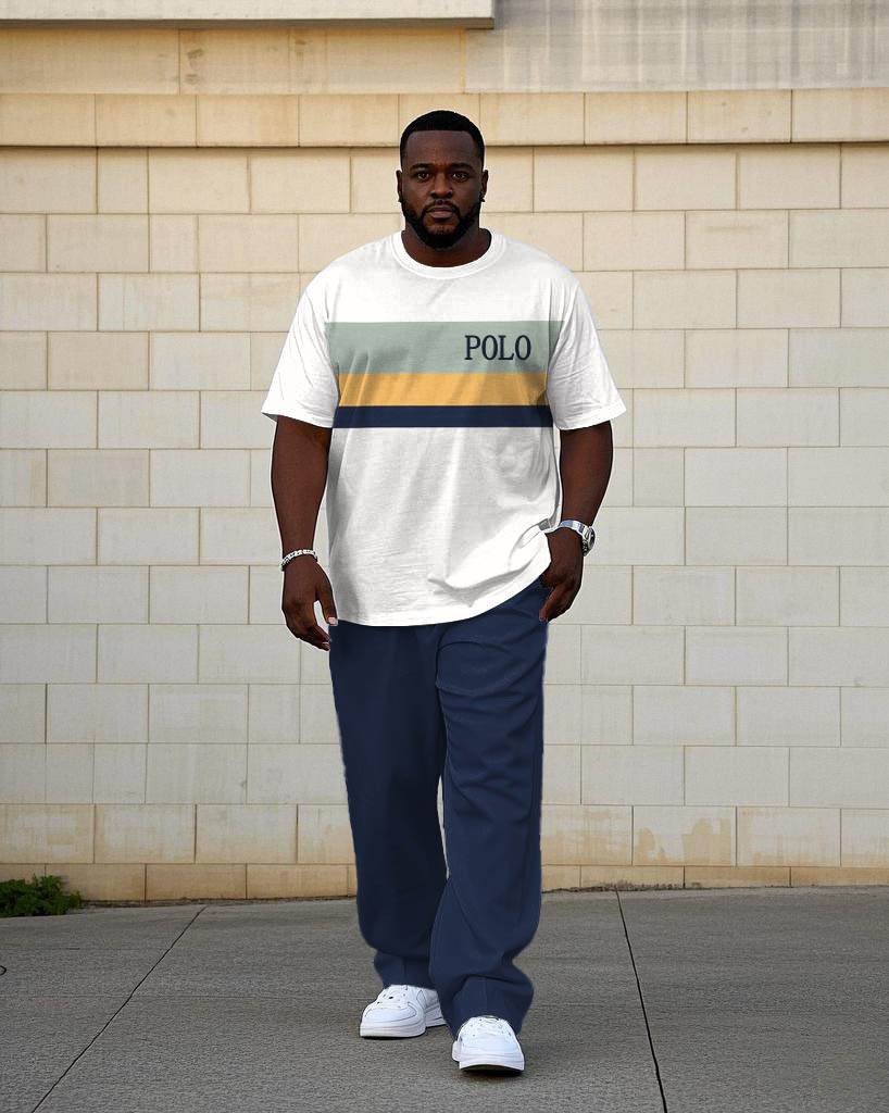 Big & Tall White Blue Colorblock T-Shirt Pants Set for big men view 1