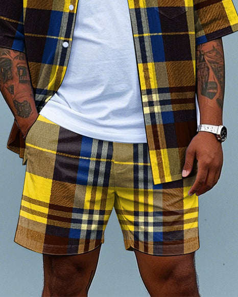 Big & Tall Yellow Plaid T-Shirt Shorts Set for big men view 3