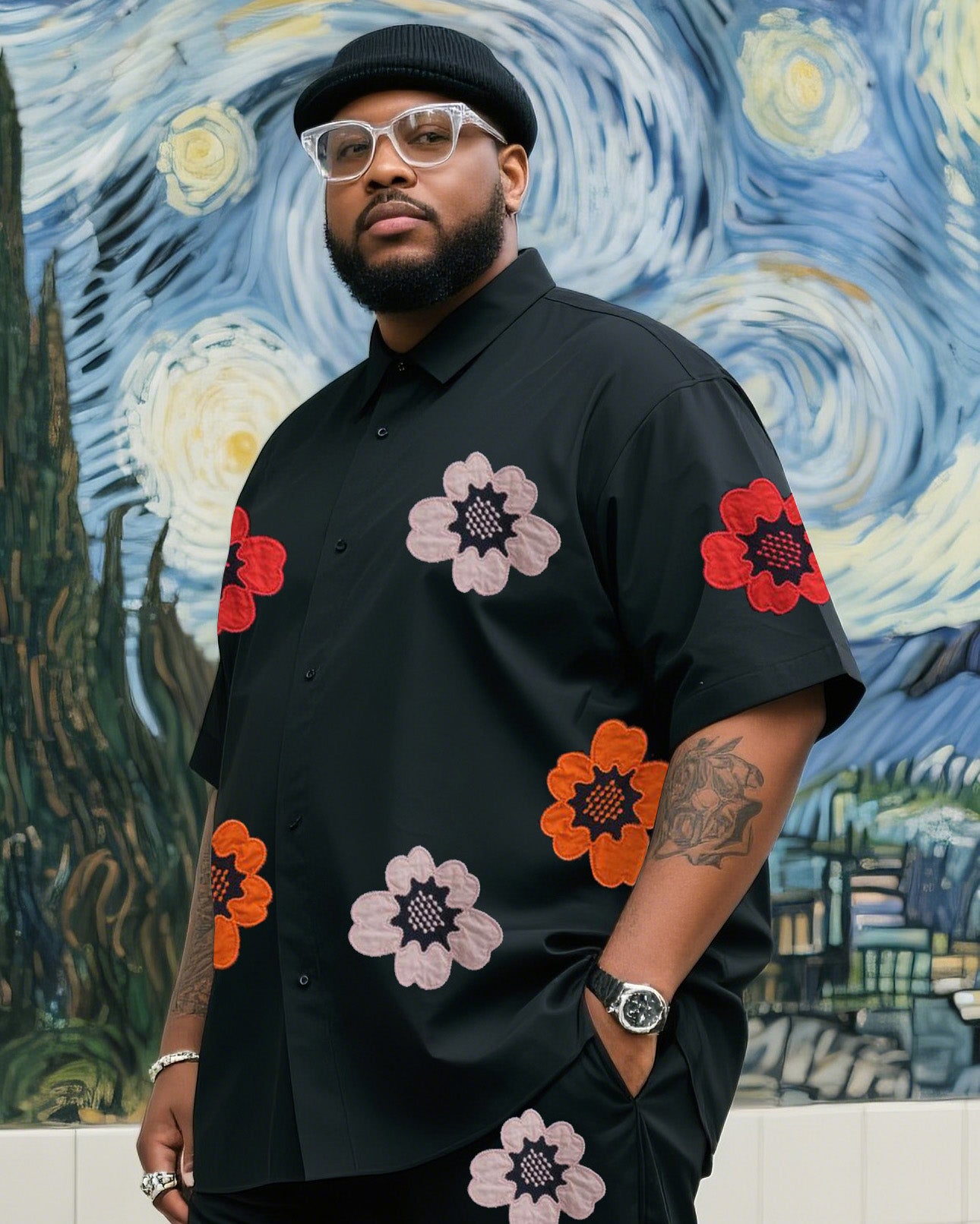 Big & Tall Black Floral T-Shirt Pants Set for big men view 2