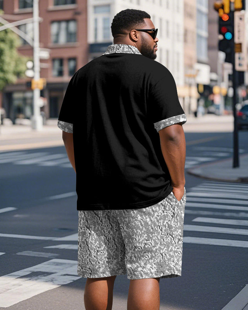 Big & Tall Black Patchwork Polo Shorts Set for big men view 5