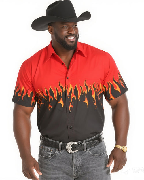 Big & Tall Black Red Western Short Sleeve Shirt for big men