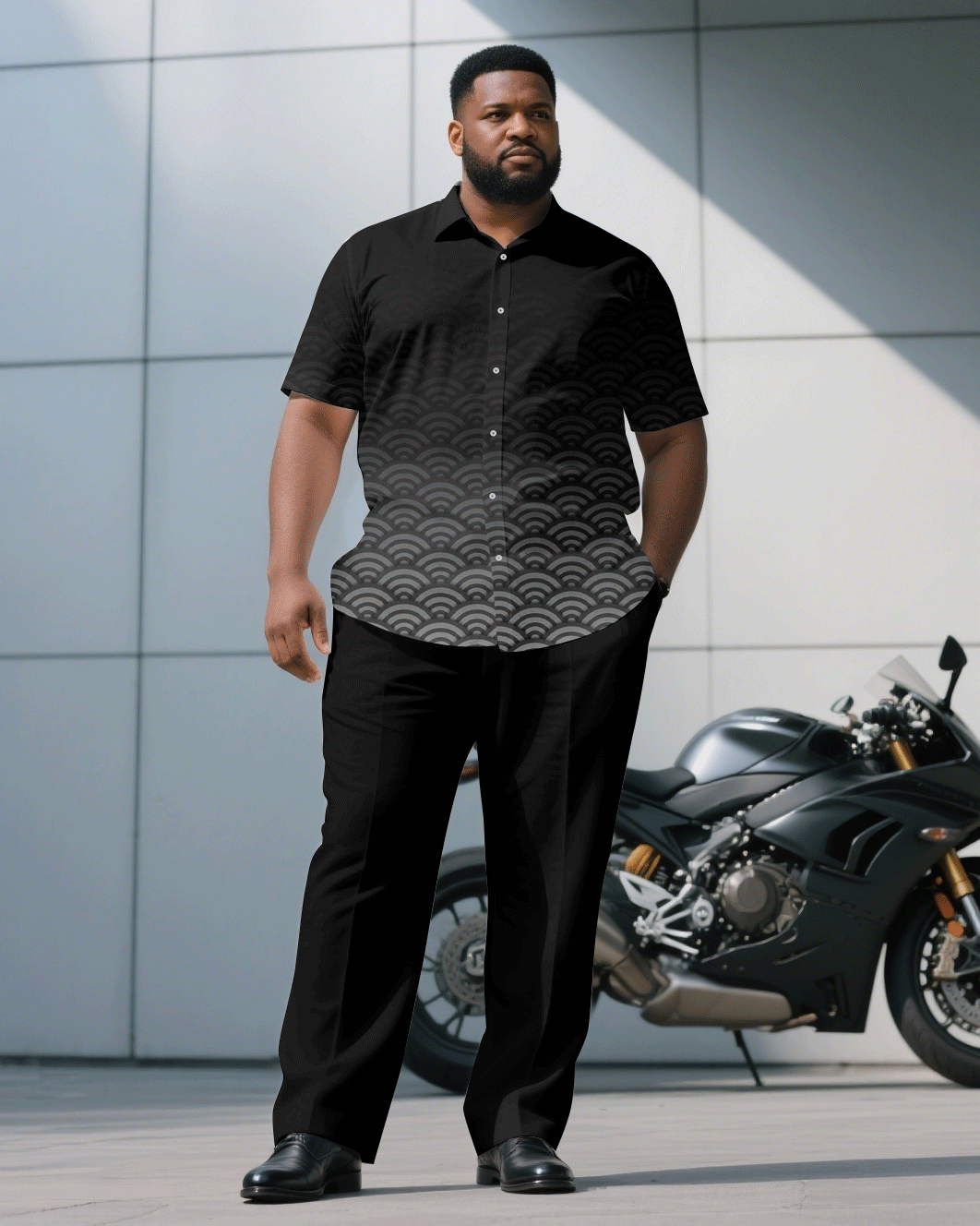 Big & Tall Black Gradient Geometric T-Shirt Pants Set for big men view 1