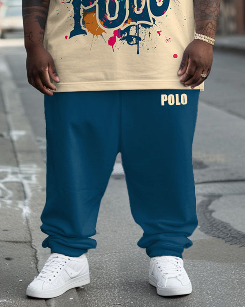 Big & Tall Khaki Graphic Streetwear T-Shirt Pants Set for big men view 3