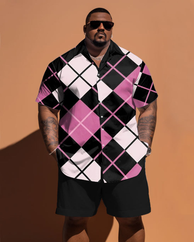 Big & Tall Pink Plaid T-Shirt Shorts Set for big men view 1
