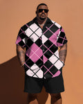 Big & Tall Pink Plaid T-Shirt Shorts Set for big men view 1