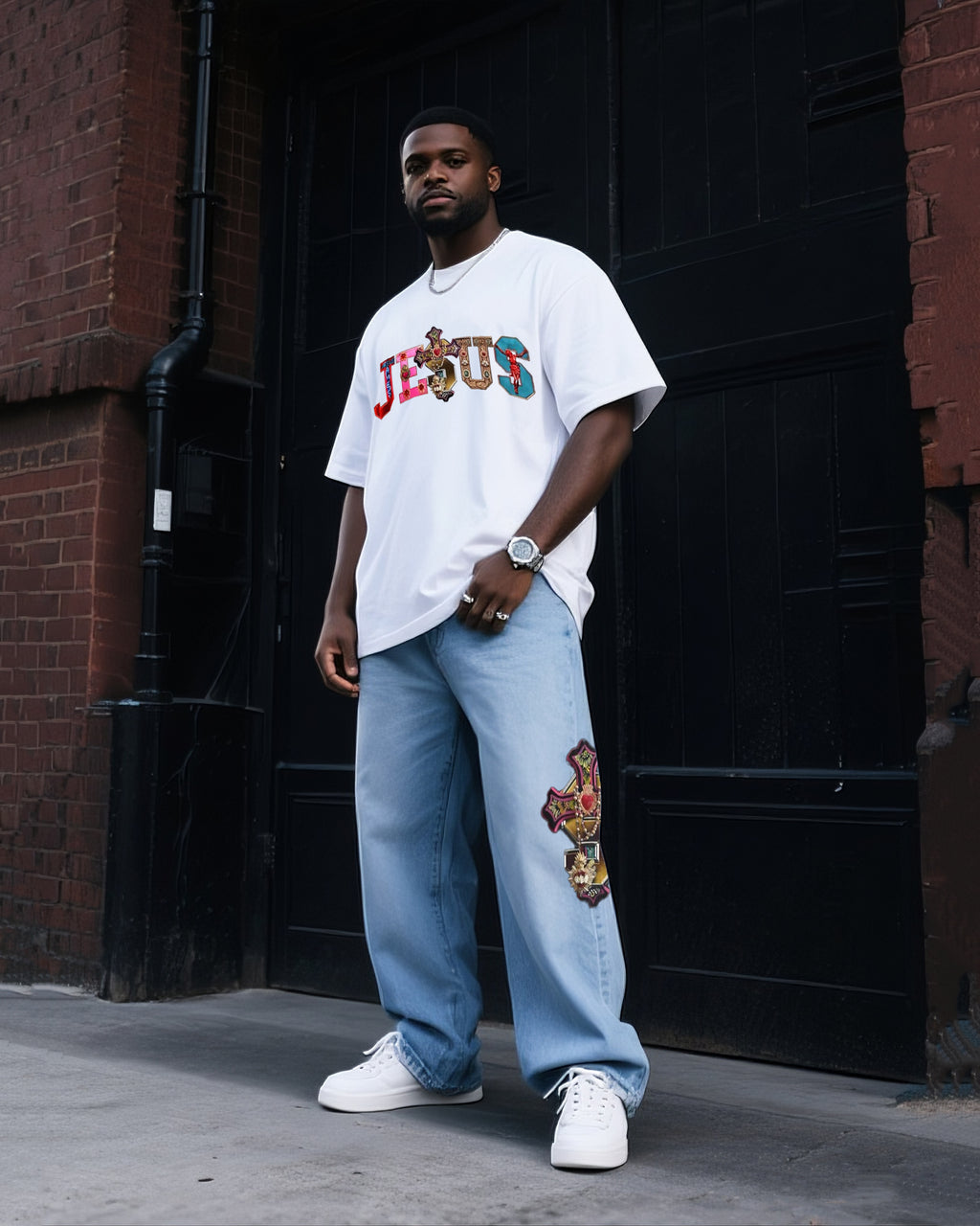 Big & Tall Denim Graphic T-Shirt Pants Set for big men view 1