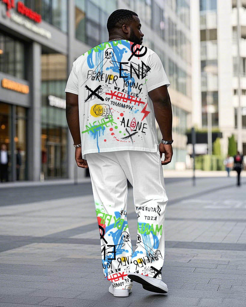 Big & Tall White Graphic Graffiti T-Shirt Pants Set for big men view 4