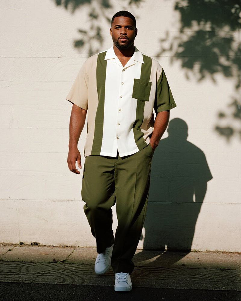 Big & Tall Green Colorblock Striped T-Shirt Pants Set for big men view 1