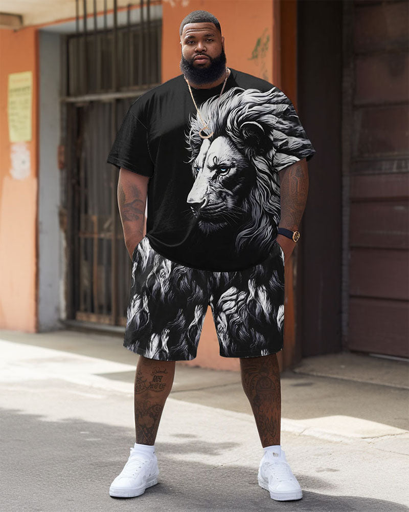 Big & Tall Black White Graphic T-Shirt Shorts Set for big men view 1