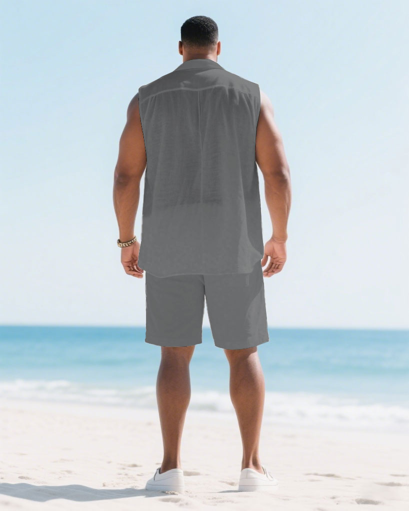 Big & Tall White Gray Hawaiian T-Shirt Shorts Set for big men view 4