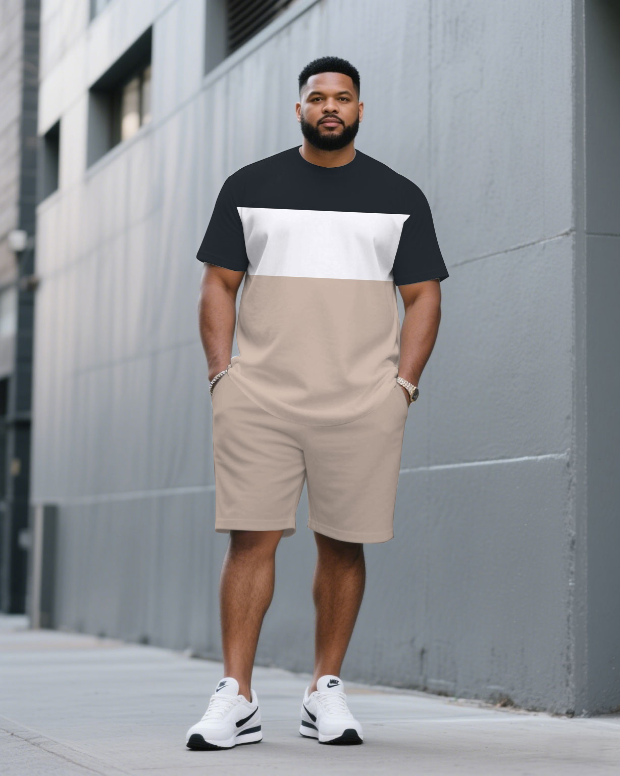 Big & Tall White Khaki Colorblock T-Shirt Shorts Set for big men view 1