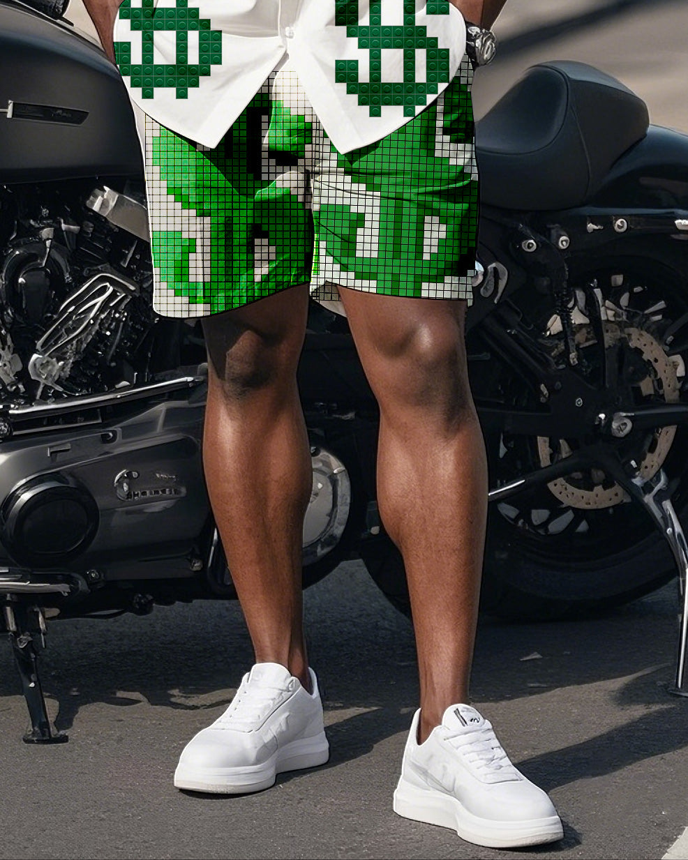 Big & Tall White Green Graphic T-Shirt Shorts Set for big men view 3