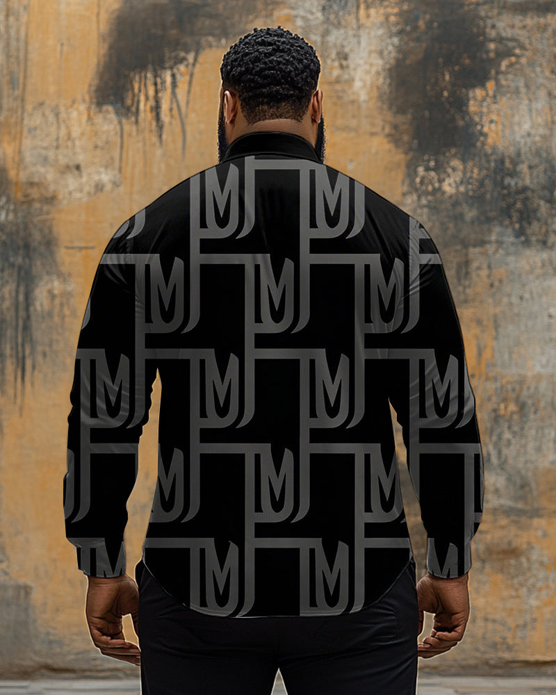 Big & Tall Black Gray Geometric Long Sleeve Shirt for big men view 2