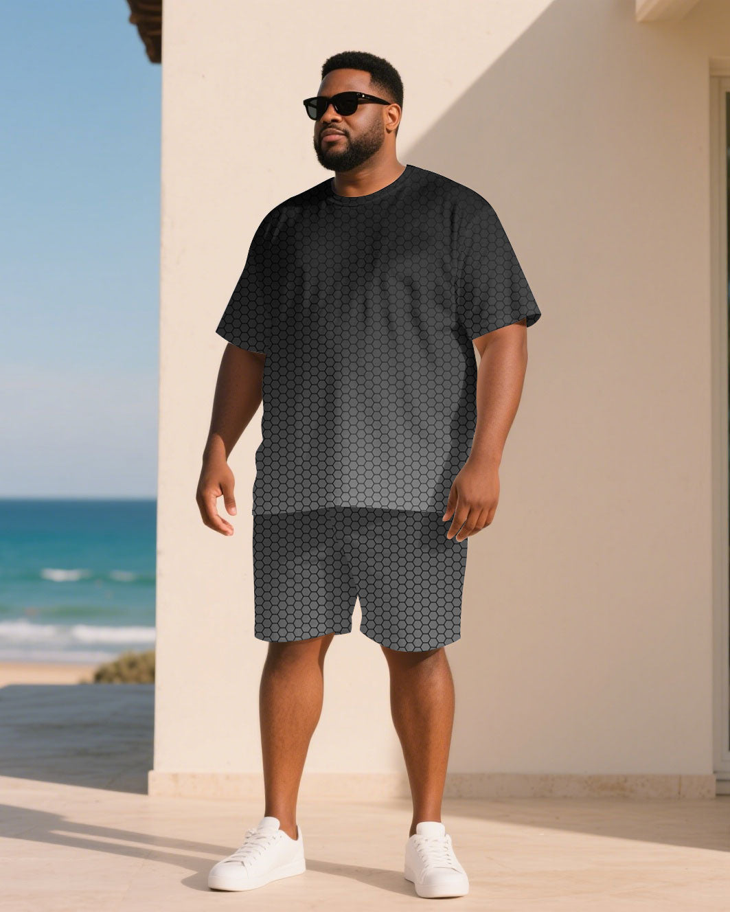 Big & Tall Black Gray Gradient T-Shirt Shorts Set for big men view 1