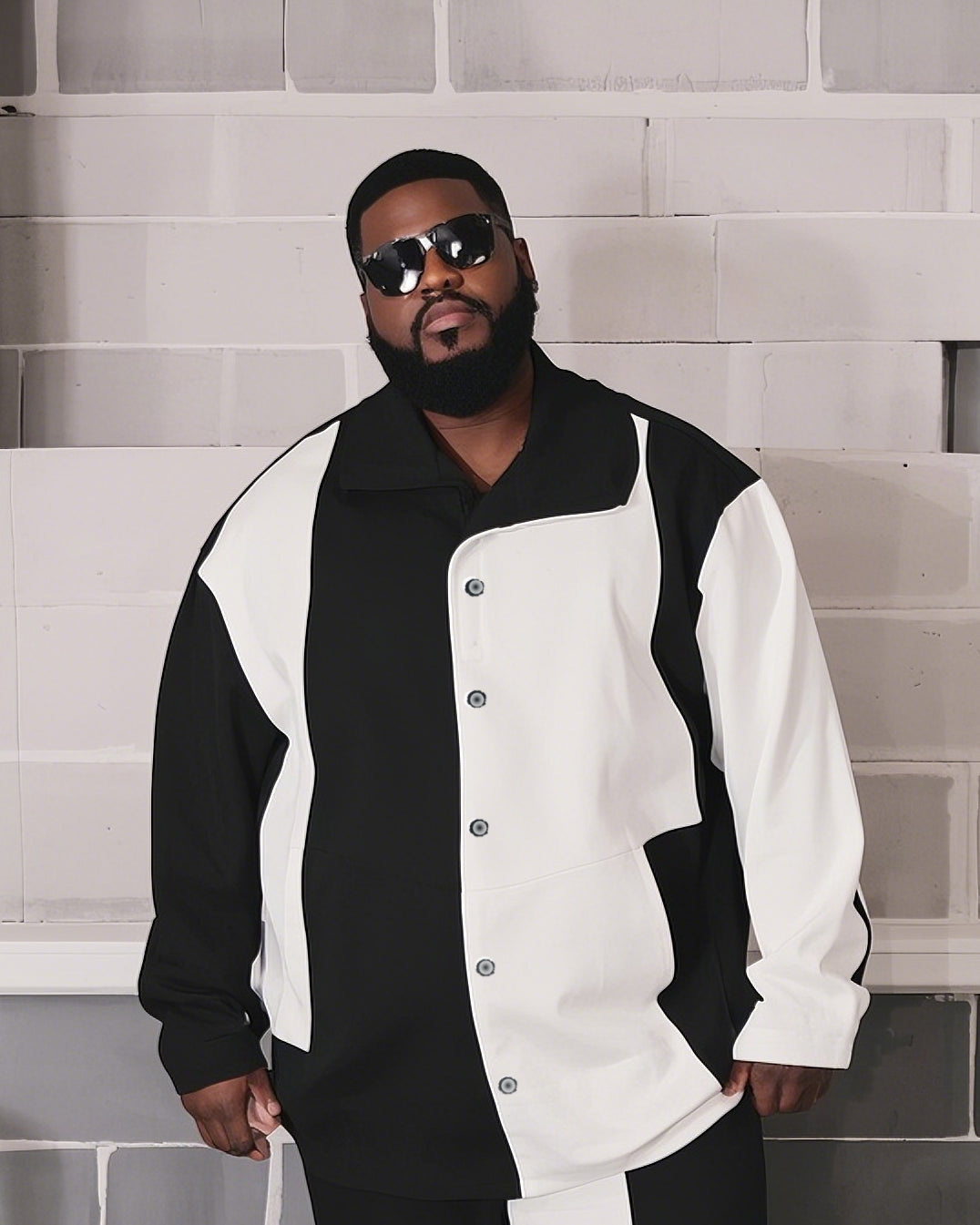Big & Tall Black White Colorblock T-Shirt Pants Set for big men view 2