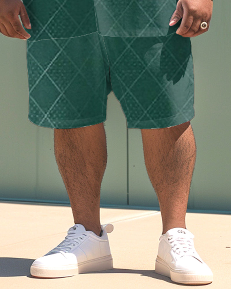 Big & Tall Green Patchwork T-Shirt Shorts Set for big men view 3