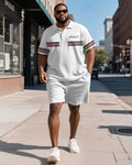 Big & Tall White Striped Graphic Polo Shorts Set for big men view 1