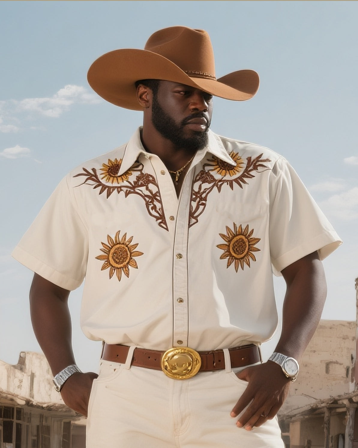 Big & Tall Western Denim Graphic Short Sleeve Shirt for big men