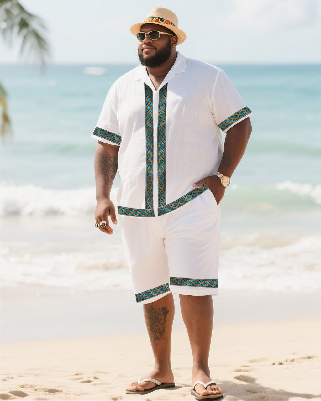 Big & Tall White Green Striped T-Shirt Shorts Set for big men view 1