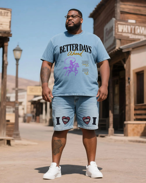 Big and tall light blue western graphic T-shirt and denim shorts set front view