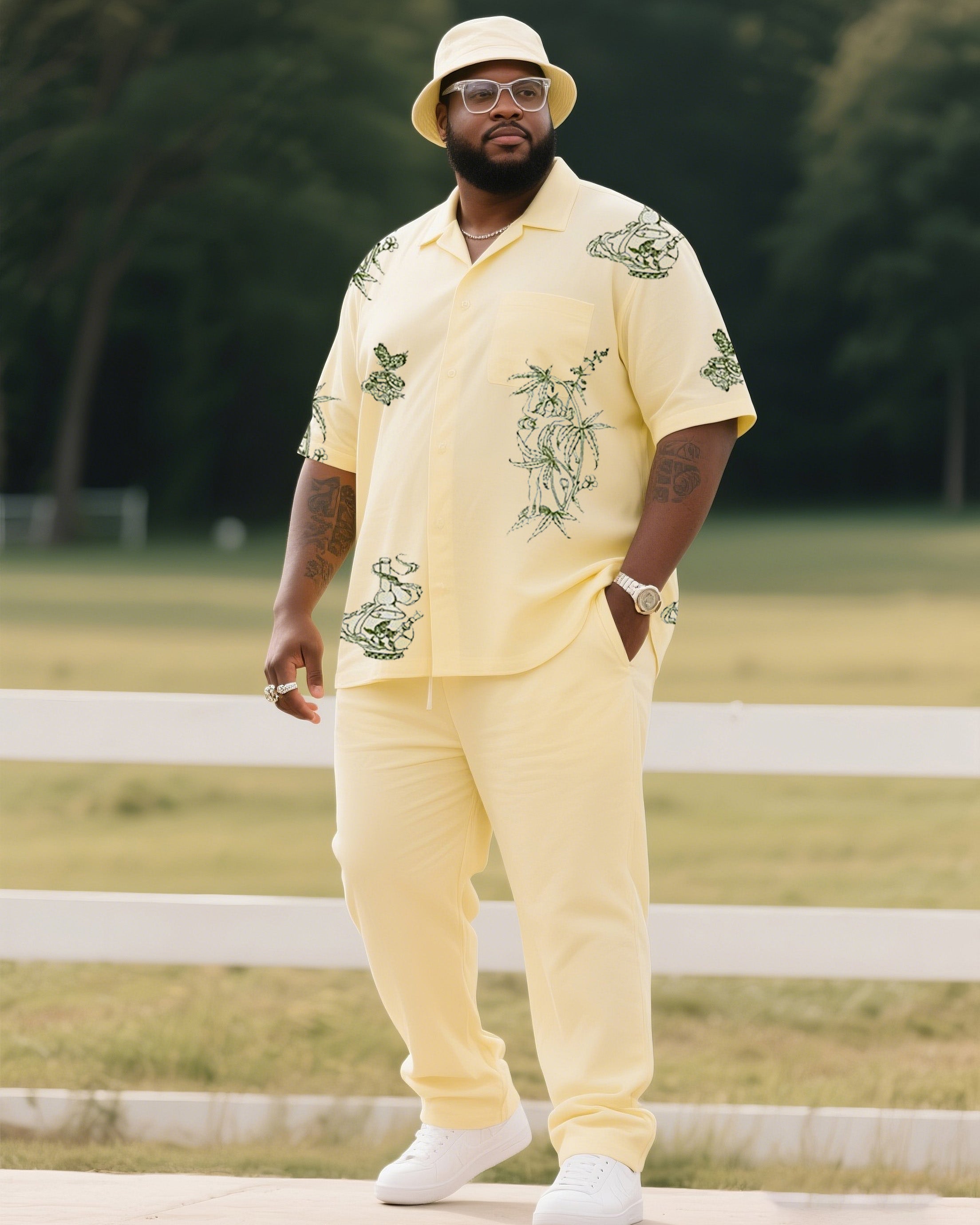 Big & Tall Yellow Floral T-Shirt Pants Set for big men view 1