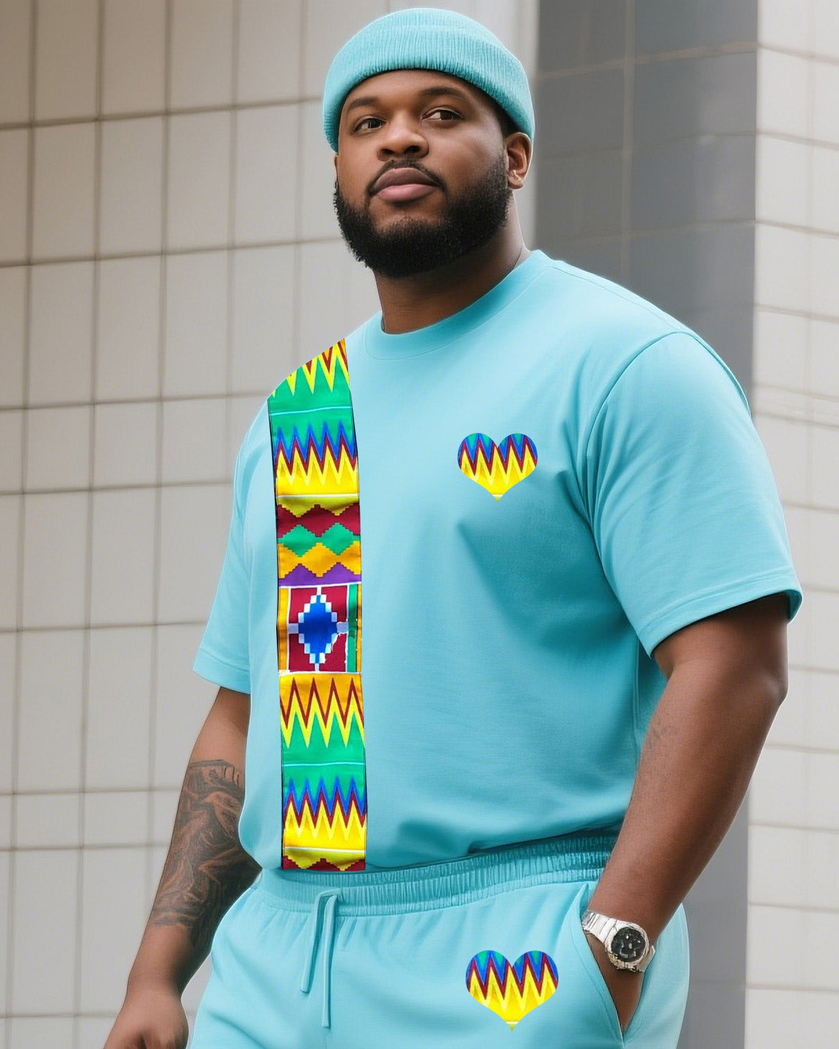 Big & Tall Blue Striped Graphic T-Shirt Shorts Set for big men view 2