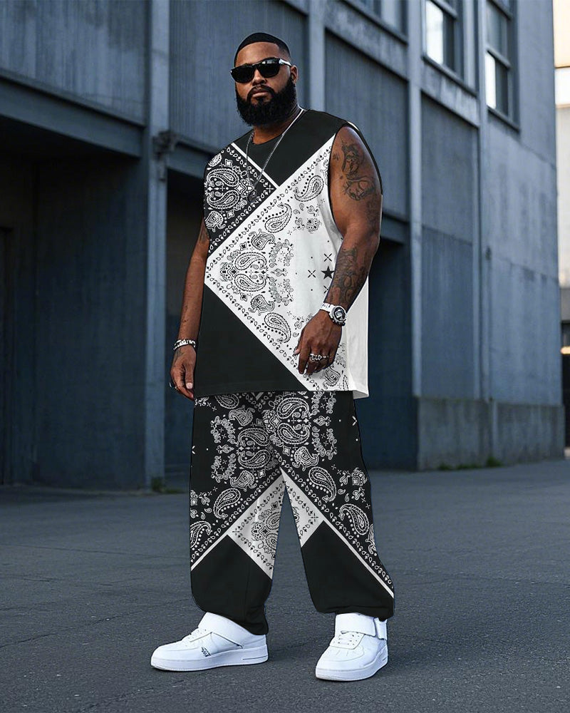 Big & Tall Black White Colorblock Vest Pants Set for big men view 1