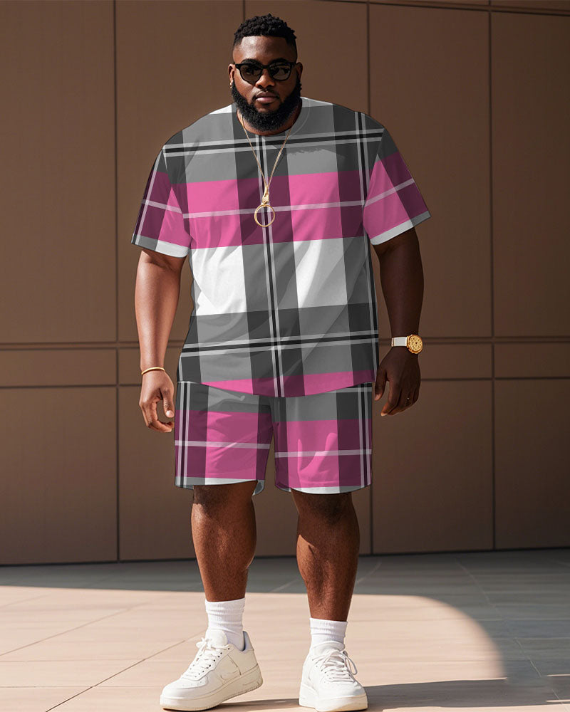Big & Tall Pink Plaid Graphic T-Shirt Shorts Set for big men view 1
