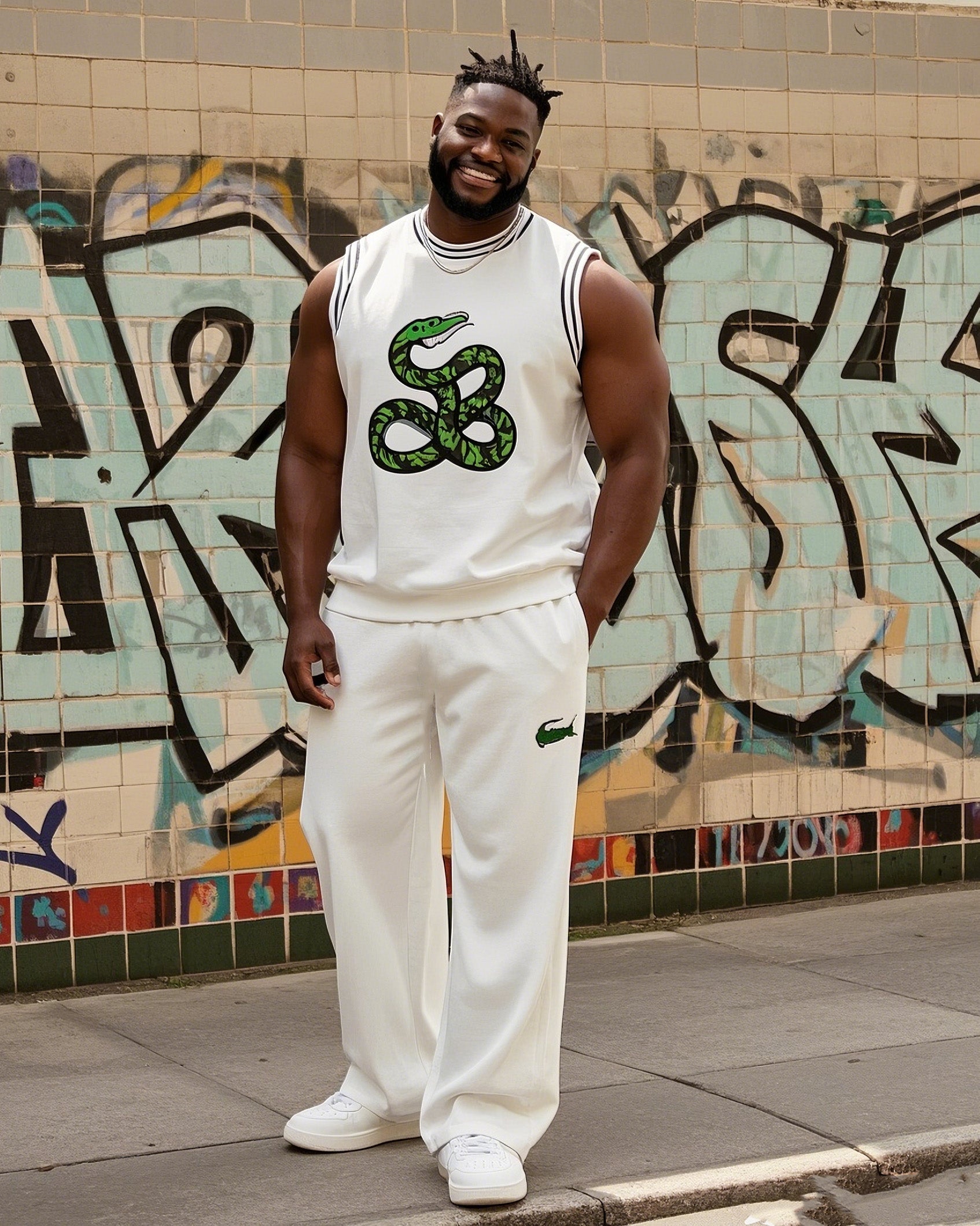 Big & Tall White Streetwear Vest Pants Set for big men view 1