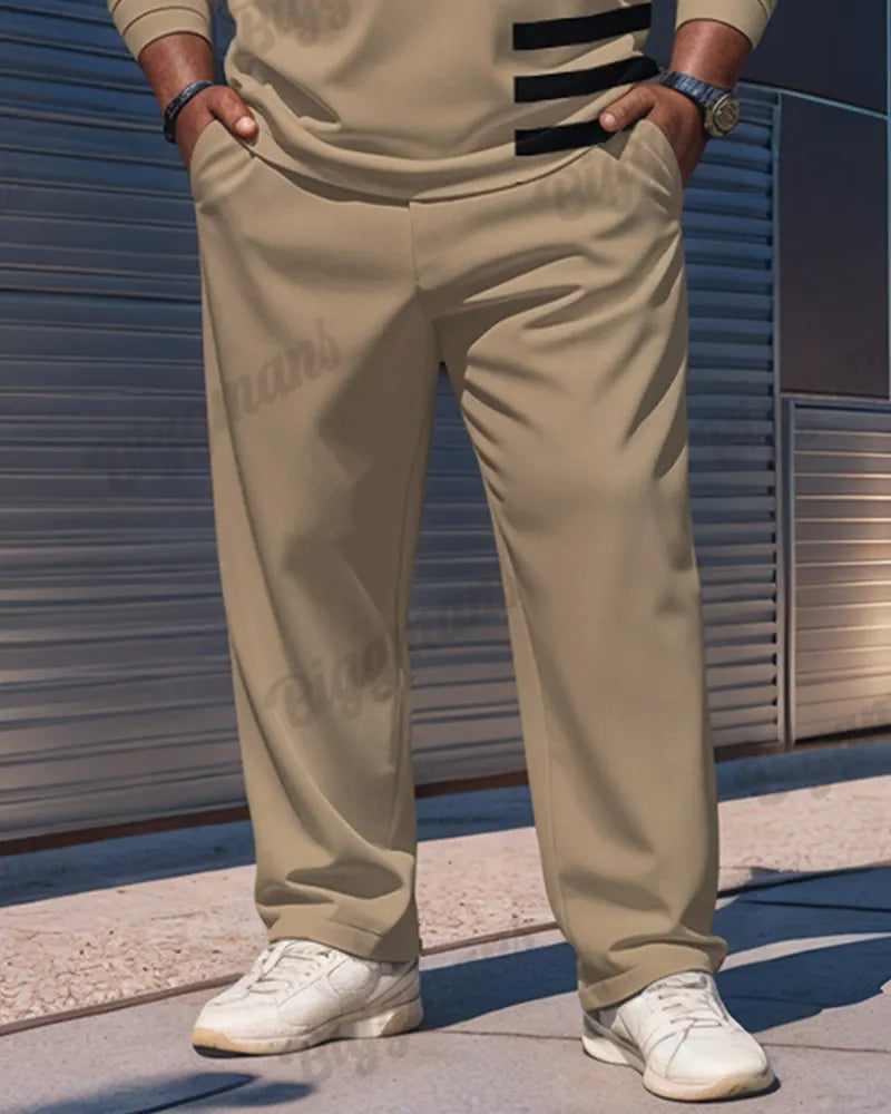 Big & Tall Khaki Striped Graphic Polo Pants Set for big men view 3