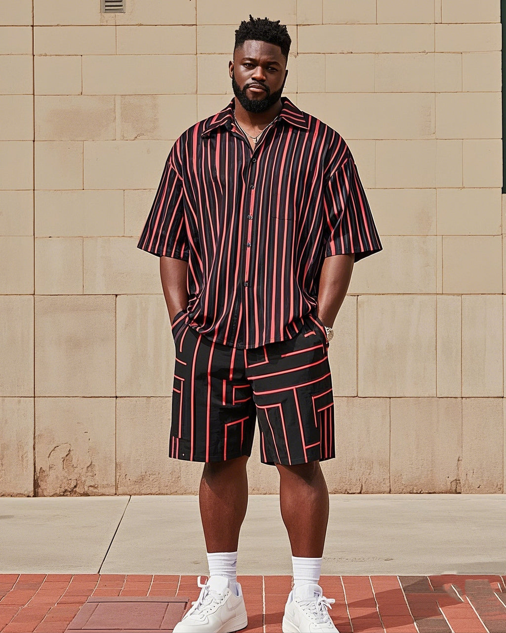 Big & Tall Black Red Colorblock T-Shirt Shorts Set for big men view 1