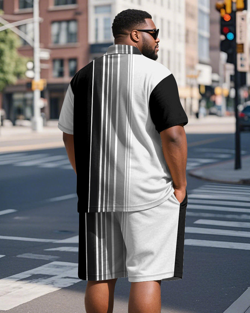 Big & Tall Black Gradient Striped Polo Shorts Set for big men view 5