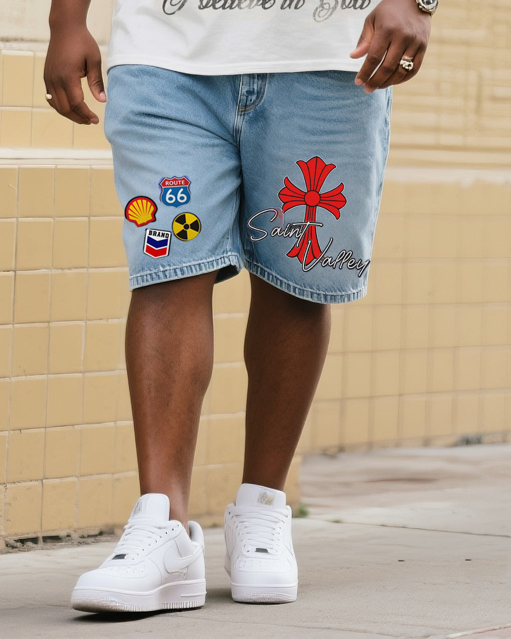 Big & Tall Denim Streetwear T-Shirt Shorts Set for big men view 3