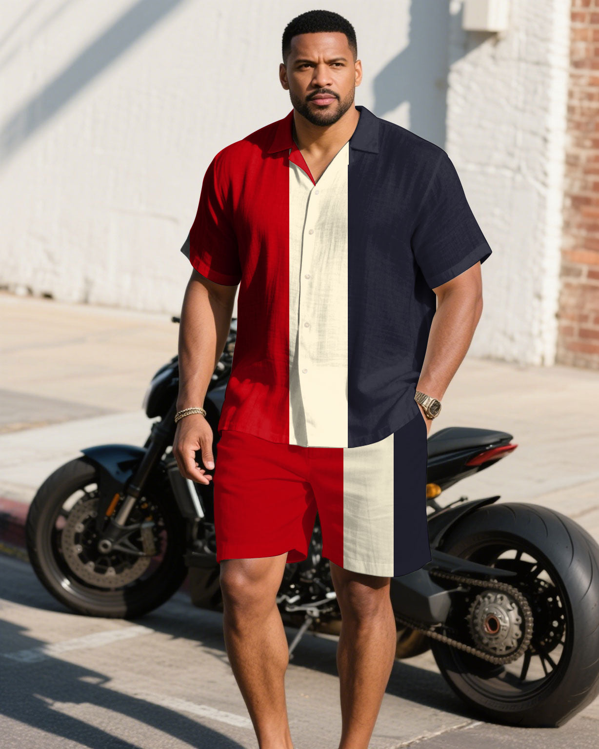 Big & Tall Blue Red Colorblock T-Shirt Shorts Set for big men view 1
