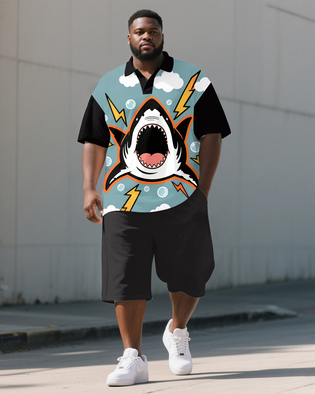 Big & Tall Graffiti Streetwear Polo Shorts Set for big men view 1