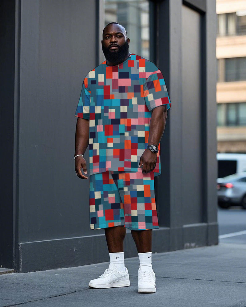 Big & Tall Plaid T-Shirt Shorts Set for big men view 1
