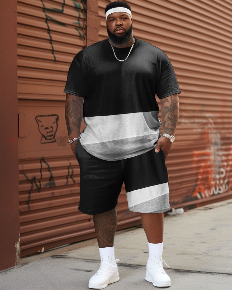 Big & Tall Black Gray Patchwork T-Shirt Shorts Set for big men view 1