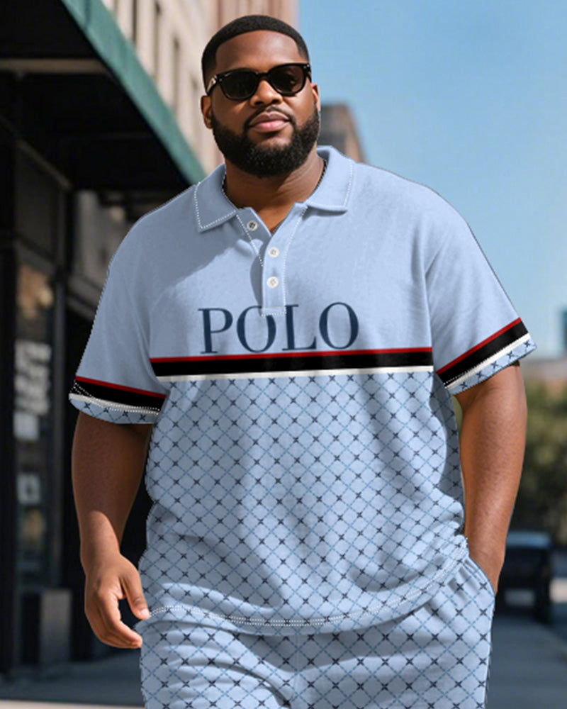 Big & Tall Blue Graphic Patchwork Polo Shorts Set for big men view 2